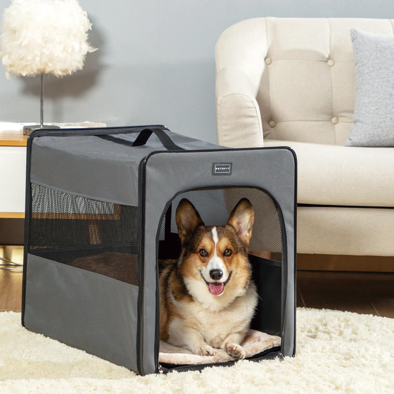 PETSFIT Soft Sided Dog Crate, Chewproof Design Breathable & Collapsible Dog Kennel, Indoor and Outdoor Use with Thicken Mat Grey