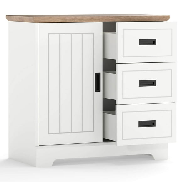 Costway Farmhouse Sideboard Buffet Cabinet with Sliding Doors 3 Drawers Adjustable Shelf
