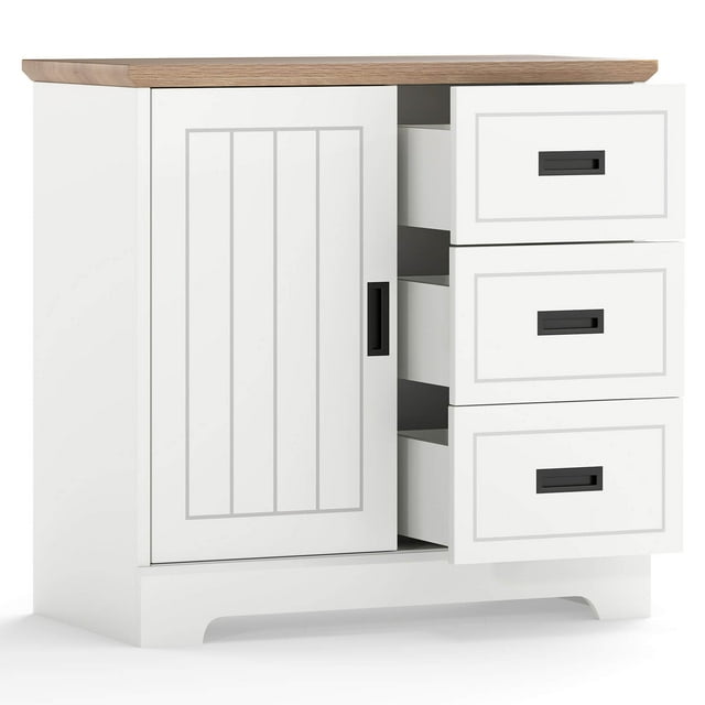 Costway Farmhouse Sideboard Buffet Cabinet with Sliding Doors 3 Drawers Adjustable Shelf