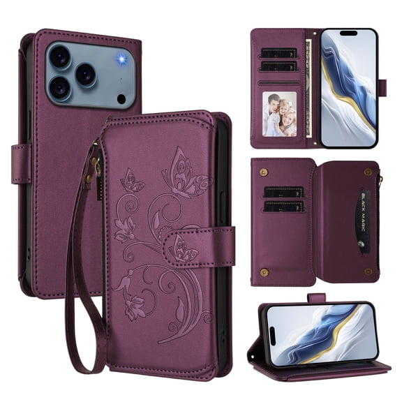 Dteck Wallet Crossbody Strap Case for iPhone 17 Pro,Magnetic Leather TPU Card Slots Zipper Wallet Case Shockproof Kickstand Cover with Detachable Wrist Strap / Shoulder Strap,Darkpurple