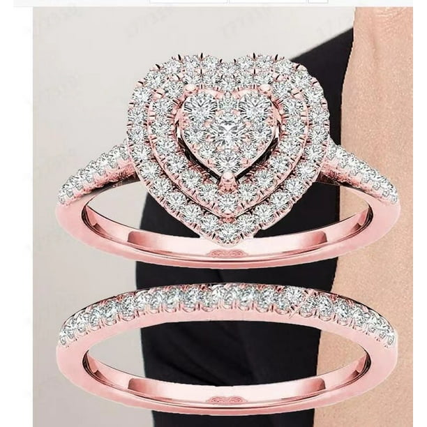 Anillo de compromiso de dos piezas con forma de corazón de melocotón y diamantes de moda europea y americana para mujer