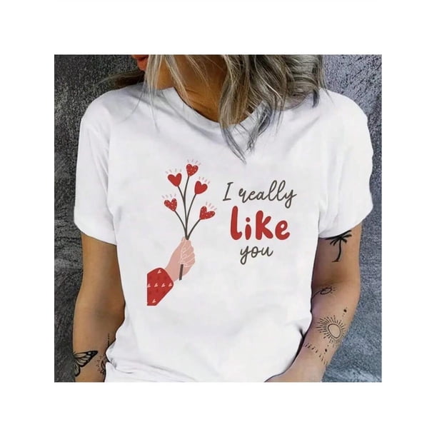 Camiseta de cuello redondo con estampado de corazones de San Valentín, informal, de manga corta, para mujer y pareja, ideal para primavera y verano, para adultos, hombres, mujeres, adolescentes, jóve