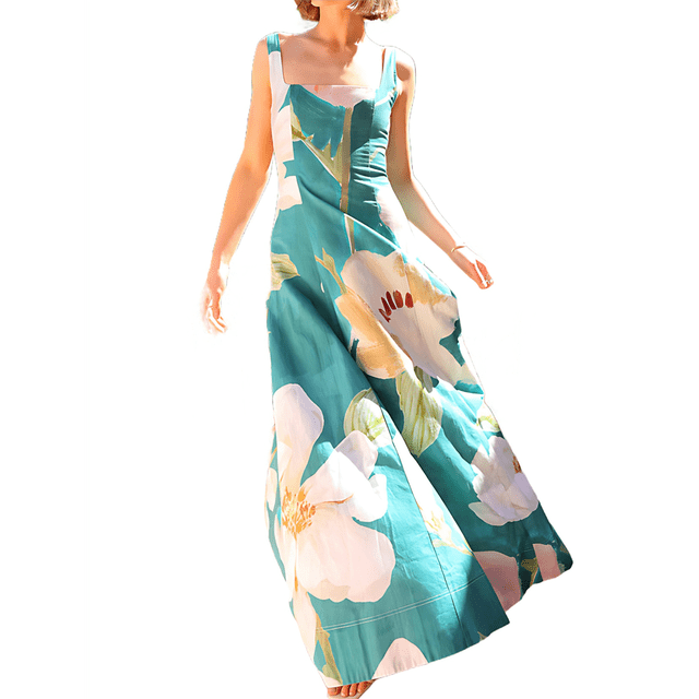 Vestido Fluido Sin Mangas con Cuello Cuadrado y Estampado Floral para Mujer. Vestido Maxi de Corte A. Verde S
