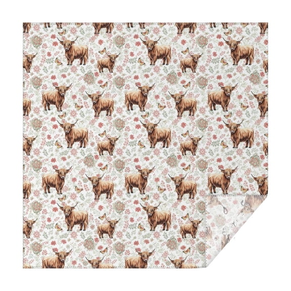 White Highland Cow Flower Butterfly Pattern Square Tablecloth,Waterproof Square Table Cover,Wipeable Spillproof Washable Table Cover for Home Kitchen Party Decor 42"X42"(107x107cm)
