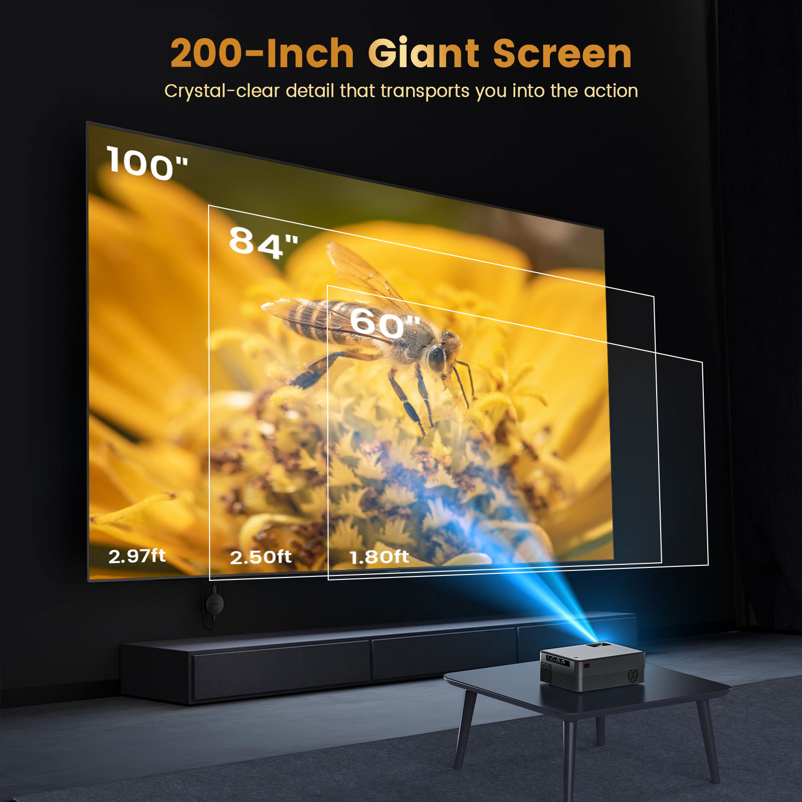 BDQ Projector with WiFi and Bluetooth,Support 8K 1080P 250ANSI,Portable Projector with Rack,40"-200" Screen Video,Compatible with Smartphone,TV Stick,Laptop,HDMI,USB (Black)