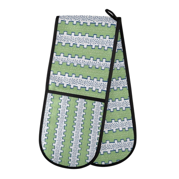 Yayeee Double Oven Mitt Kitchen Heat Resistant Baking 35" x7" Quilted Cotton Glove, Green Stripe Pattern