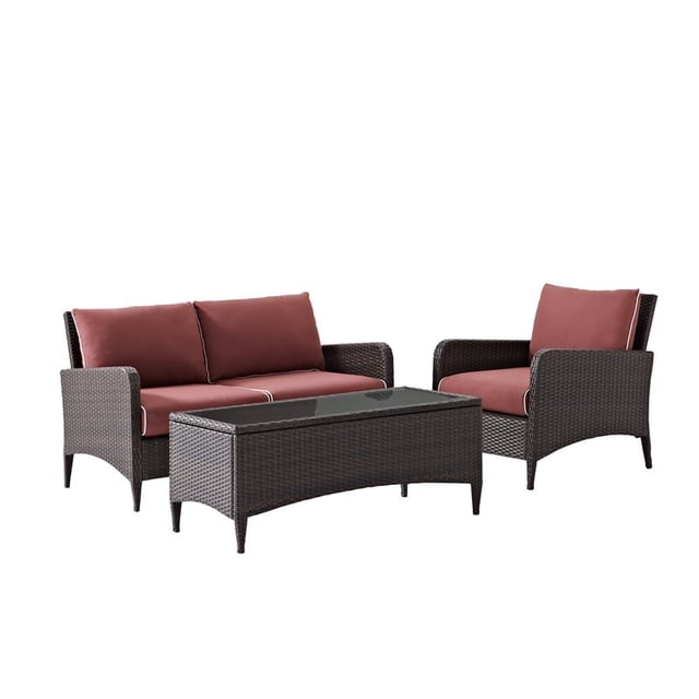 Crosley Kiawah 3 Piece Outdoor Wicker Conversation Set in Sangria