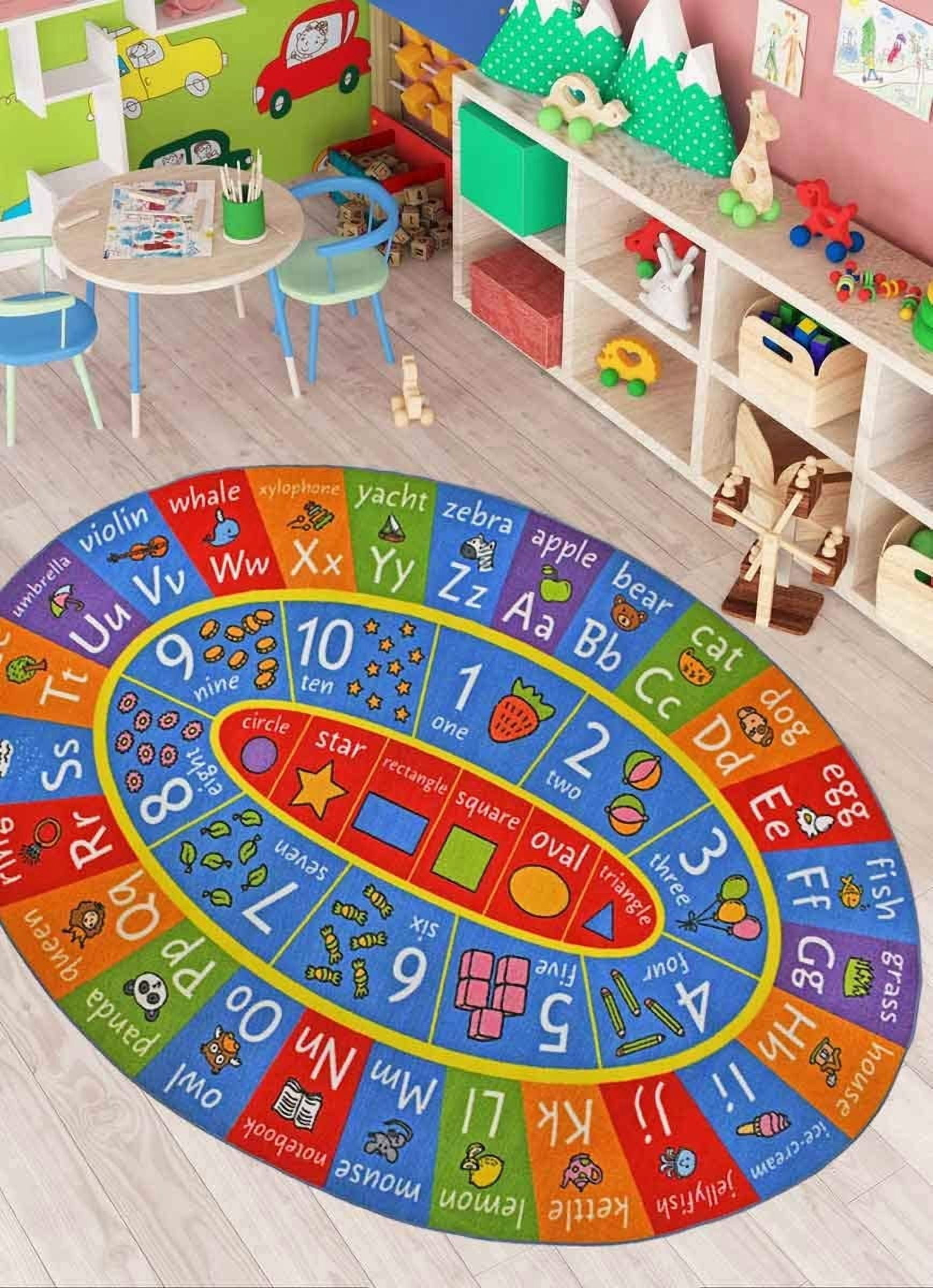 KC Cubs Playtime Collection ABC Alphabet, Numbers and Shapes Educational Learning & Game Area Oval Rug Carpet for Kids and Children Bedrooms and Playroom