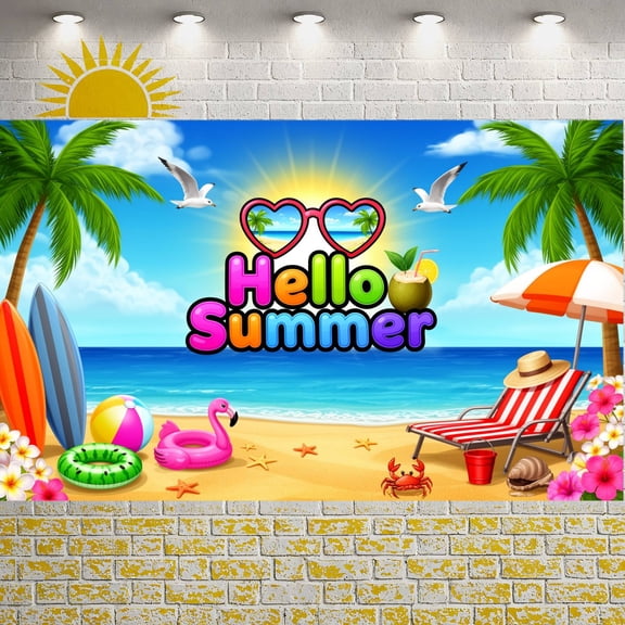 Colorful Typography Hello Summer Banner Tropical Style Beach Display Palm Tree  Flamingo Pattern Coastal Background for Beach Party Pool Gathering Outdoor Celebration
