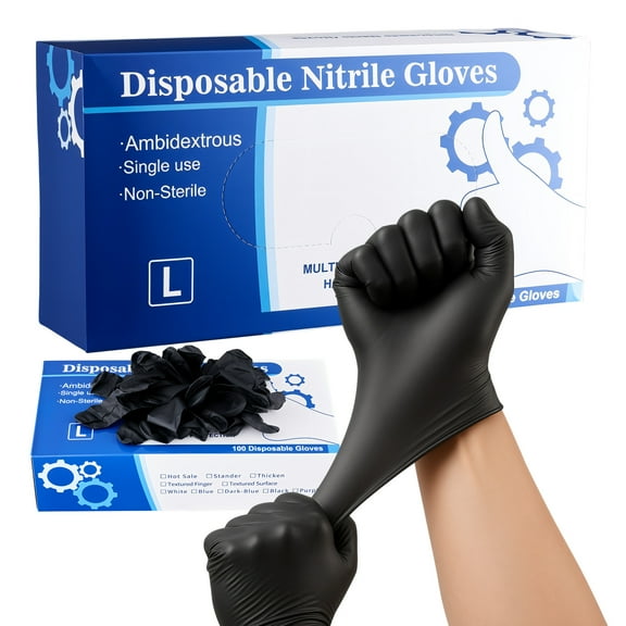 VEVOR Disposable Gloves, 4.5 Mil Black Nitrile Gloves with Textured Fingertips, Latex & Powder-Free, Food-Grade, Puncture Resistance, Ideal for Medical Exams, Cooking and Cleaning, 100 Count, Large