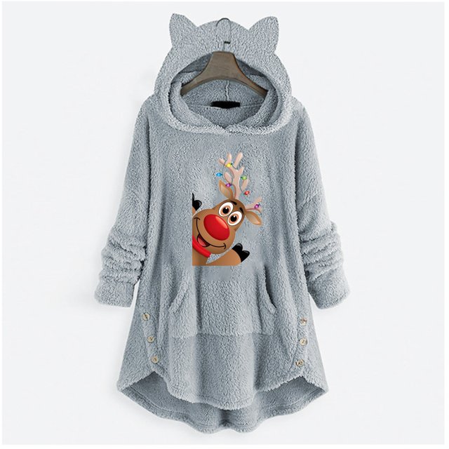 Puntoco Mujer Casual Navidad Impresión Botones De Felpa Manga Larga Con Capucha Abrigo De Felpa Top Puntoco Puntoco-4820