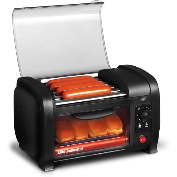 Elite Gourmet EHD-051BX Hot Dog Toaster Oven, 30-Min Timer, Stainless Steel Heat Rollers Bake & Crumb Tray, World Series Baseball, 4 Bun Capacity, Black