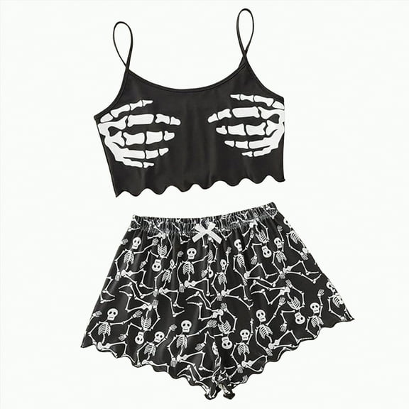 CAUYDY Halloween Pajama Sets for Women- 2 Piece Pumpkin Ghost Print Summer Top and Shorts Pj Set Sexy Pajamas(A02-Black,XL)