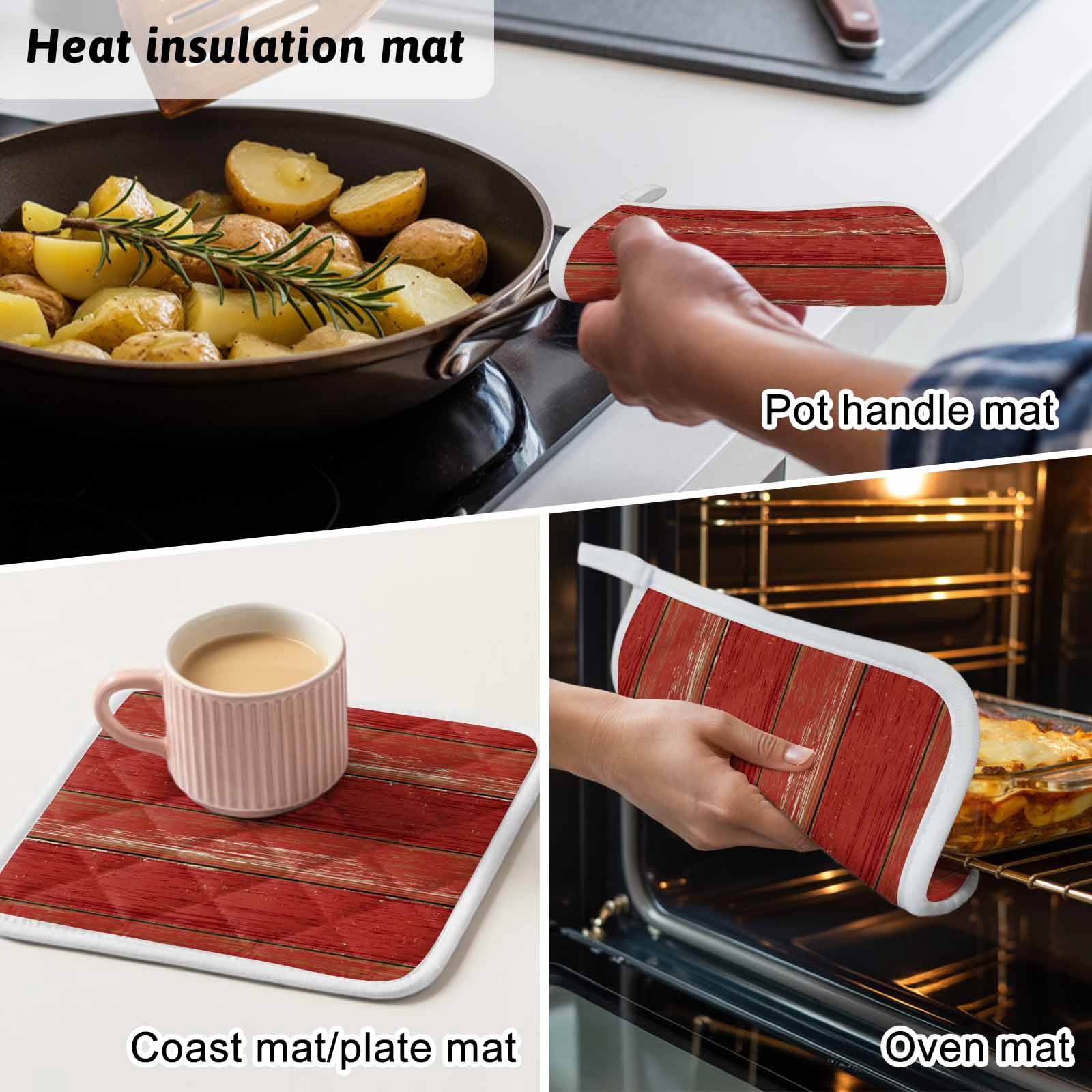 Red Wood Grain Pot Holders for Kitchen Heatproof Potholder, 2 Pack Farmhouse Vintage Wooden Rustic Planks Hot Pads Multipurpose Oven Pads Cloth Potholders Trivet for Cooking and Baking