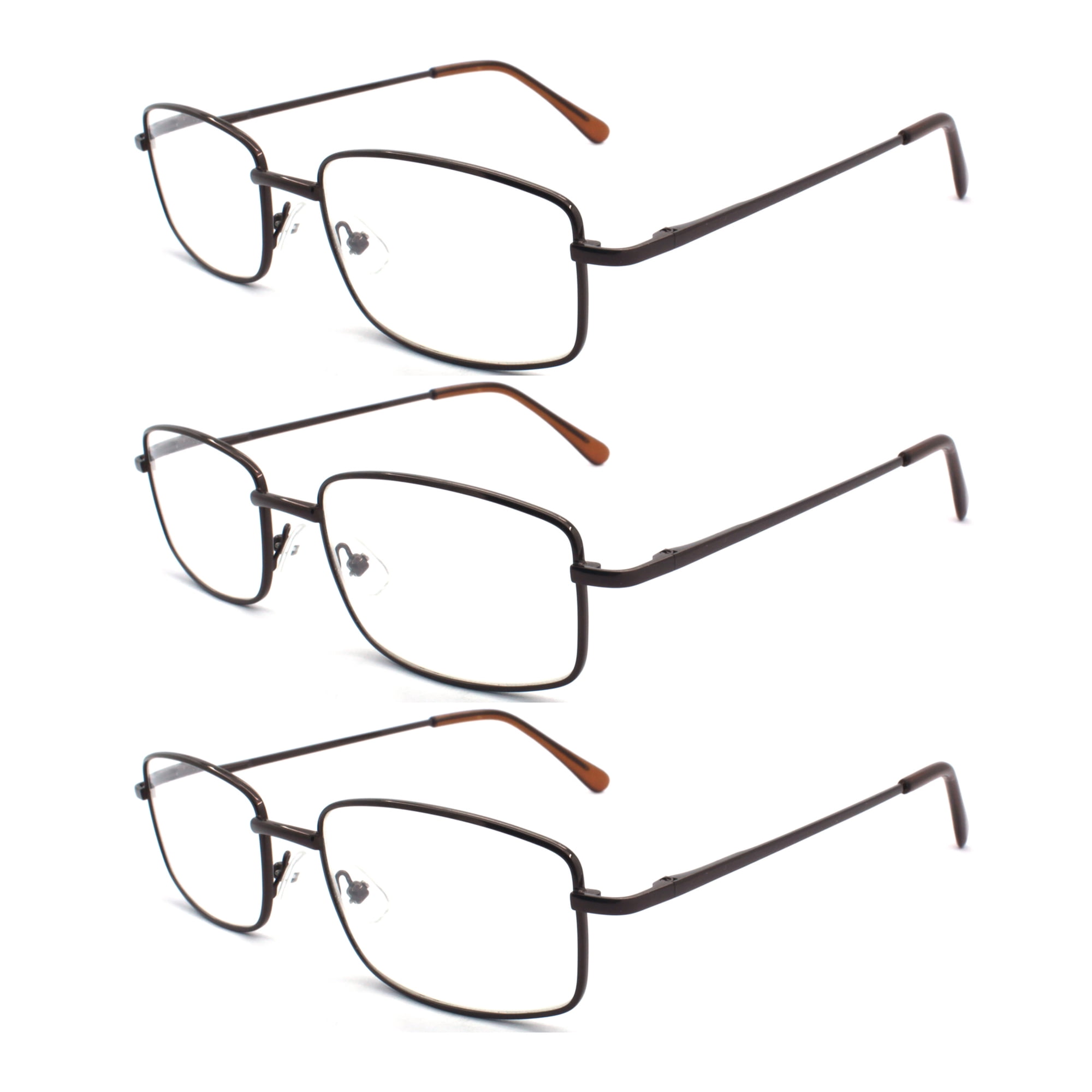 EYEZOOM 3 Pairs Extra Wide Light Weight Rectangular Metal Frame Reading Glasses with Spring Hinge (Brown, Strength: +3.50)