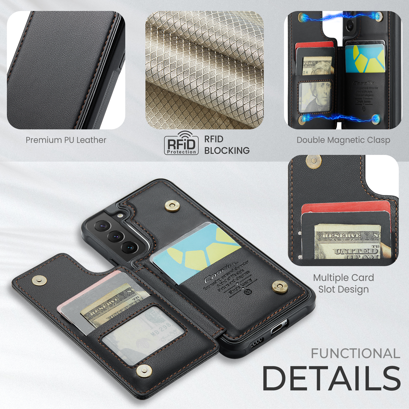 Feishell for Samsung Galaxy S22 Case with Card Holder, Wallet Case for Women Men with RFID Blocking, Durable PU Leather Kickstand Magnetic Clasp Shockproof Phone Case,Black