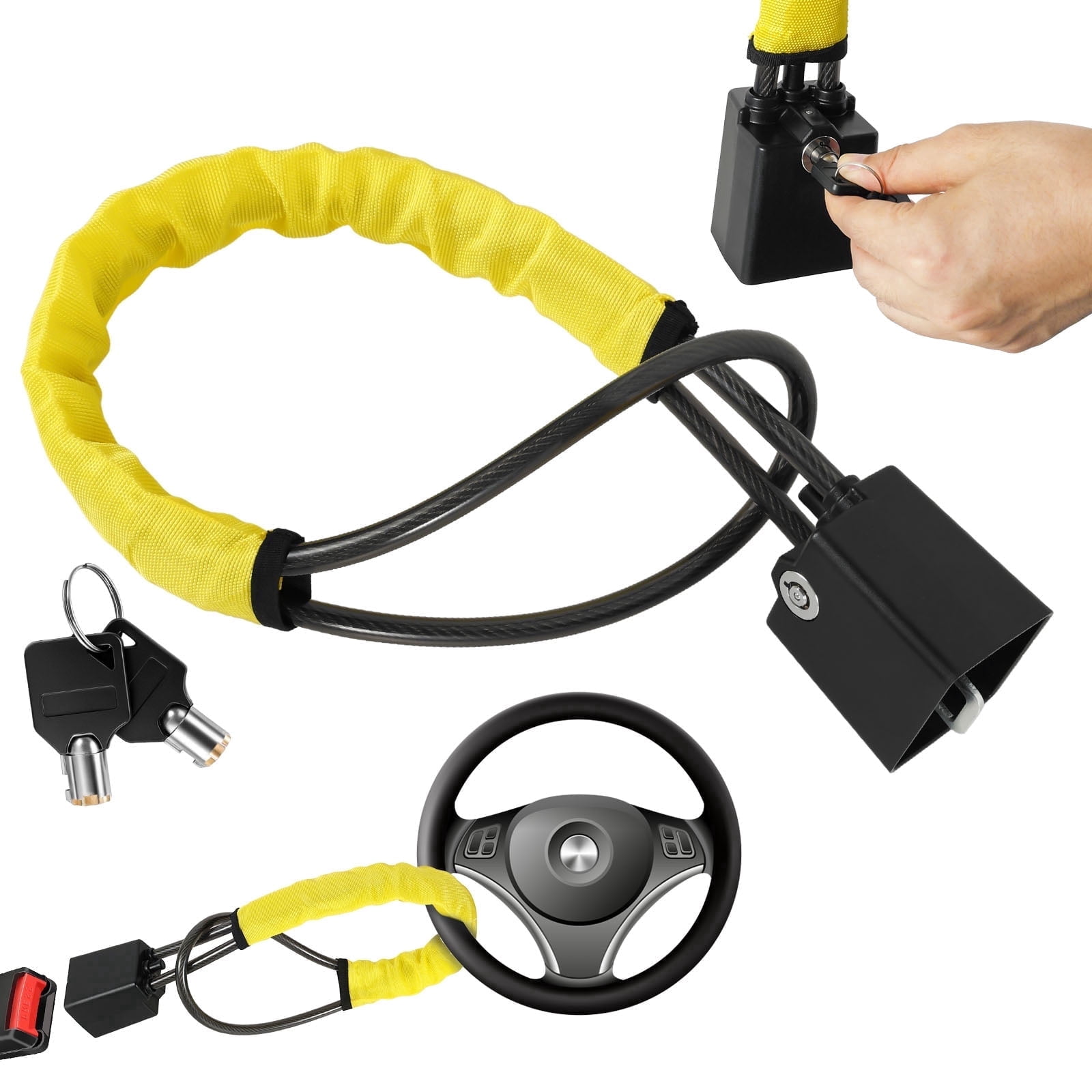 Steering Wheel Lock Anti-Theft Device Seat Belt Security Cable for SUV Truck Flexible Security Cable with 2 Keys