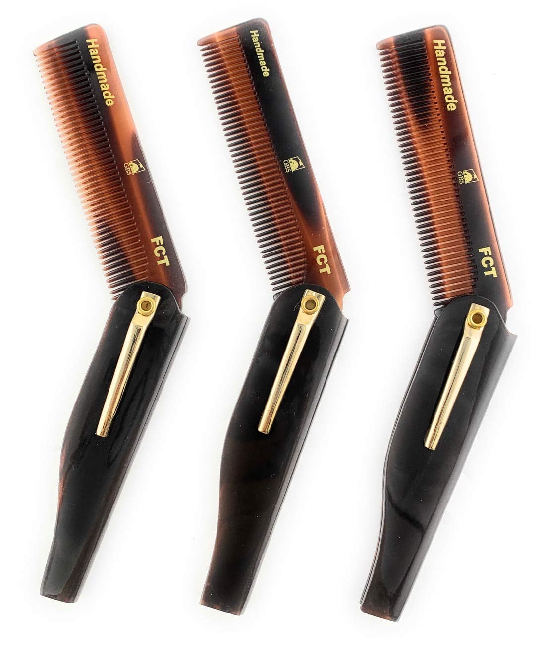 G.B.S Folding Comb-FCT Handmade Pocket Clip Comb for Men or Women Hair Daily Base Travel, Gym, Office Tortoise Comb Fine Tooth Pack of 3
