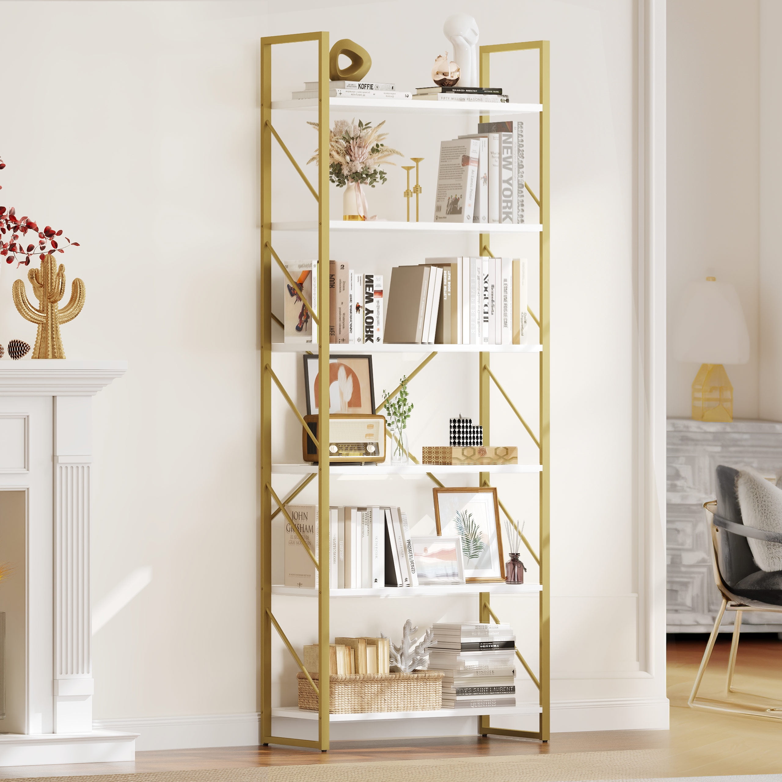 Dextrus 6 Tiers Ladder Bookshelf, 69 inch Classically Modern Freestanding Bookcase,Modern Open Display Storage Organizer Book Shelves in Living Room/Home/Office,Gold