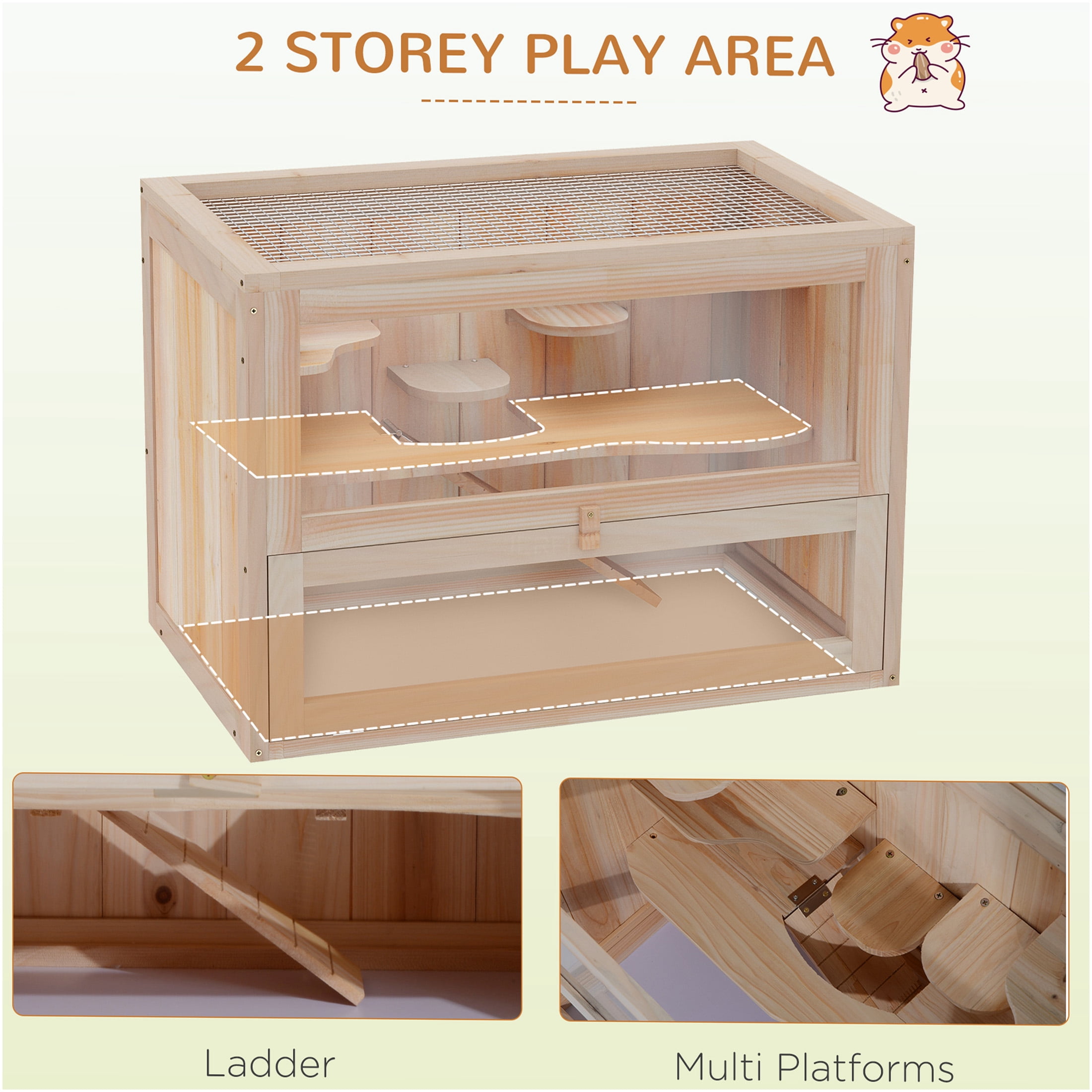 JERFIT 2-Tier Wooden Hamster Cage with Ramp, Openable Mesh Top & Front Door, Small Animal Habitat for Mice, Rats, Gerbils, Chinchillas, Guinea Pigs