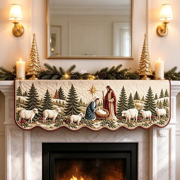 Nativity Scene Christmas Mantel Scarf 74.8 in Fireplace Mantel Runner Religious Holiday Table Runner for Christmas Decor