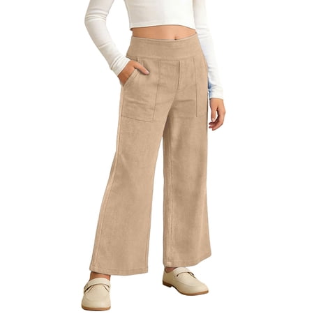 HAYIMI Children Girls Casual High Waist Wide Leg Pants Loose Fit Fashionable Solid Color Trousers Comfortable Elastic Waistband For Daily Wear Versatile Slacks