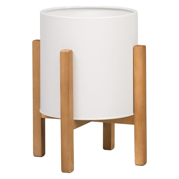 Raya White Mid-Century Modern Indoor Metal Pot Planter with 4-Leg Wood Base - 12" x 10"