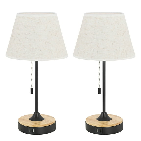USB table lamp set of 2, wooden table lamp with dual USB charging ports, modern bedside lamp with linen shade