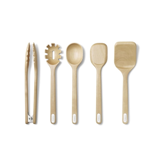 Juego de utensilios de madera 5 piezas cuchara servidor raspador espátula pinzas madera abedul certificada FSC sin microplásticos