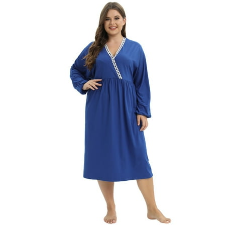 

Women s Plus Size Nightgown Long Sleeve V Neck Crossover Sleepwear Soft Long House Dress Blue 3XL