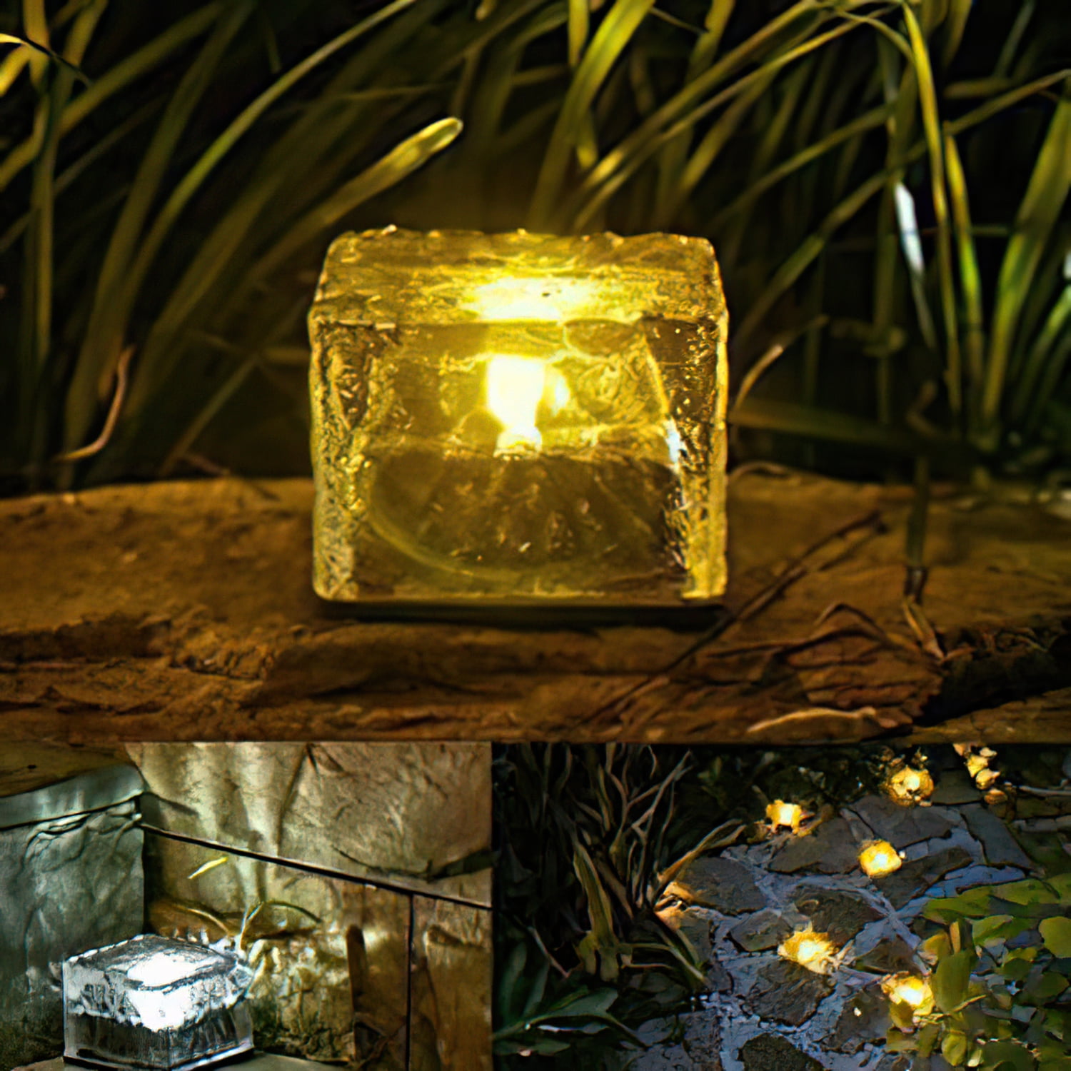 4 Pack LED Ice Cube Lights, Solar Brick Lights Outdoor, Solar Frosted Landscape Light for Patio Road Pool Decoration, Warm White
