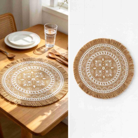 Goowood Boho Round Placemats 15 Inch Woven Jute Table Mats with Pompom Tassels Farmhouse Cotton Linen Place Mat for Kitchen Dining Decor