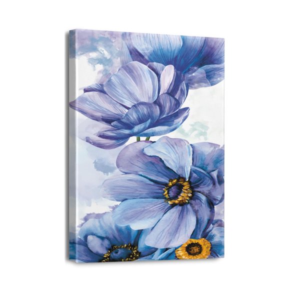 Navy Blue Floral Beauty Vintage Gray Abstract Flower Paintings on Canvas, Ideal for Bathroom & Bedroom Walls, 12x16 inches