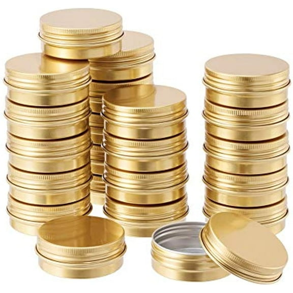 30Pack 1 OZ Round Tin Cans Screw Top Aluminum Cans with Lids for Lip Balm Scrubs Spices Candies Tea Gold