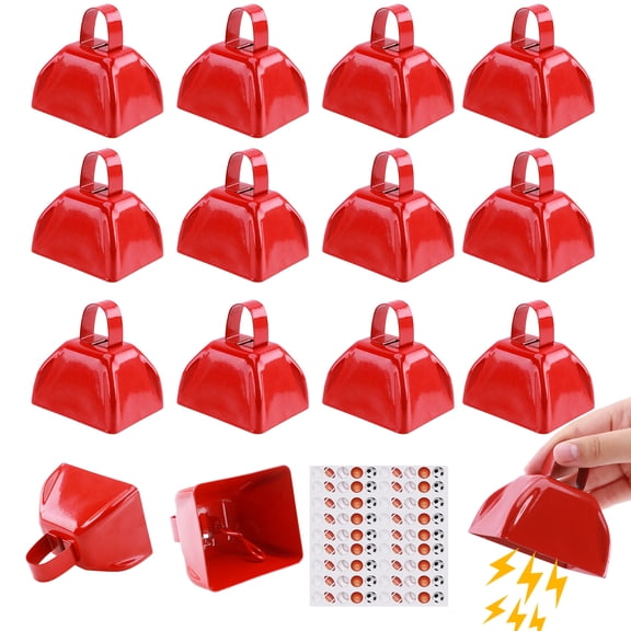 Aovky 15 Pack Cow Bell, 3 Inch Cowbells for Sporting Events, Bulk Loud Noise Makers for Cheering, Red Metal Hand Percussion Alarm Call Bells with Handle for Football Games Weddings Celebrations