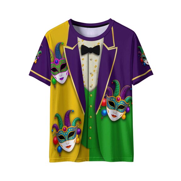 LEKWK Mardi Gras Shirts Tuxedo Jester Mask Print Short Sleeve Graphic Tees Crew Neck Regular Fit Casual Party Holiday Trendy Wear