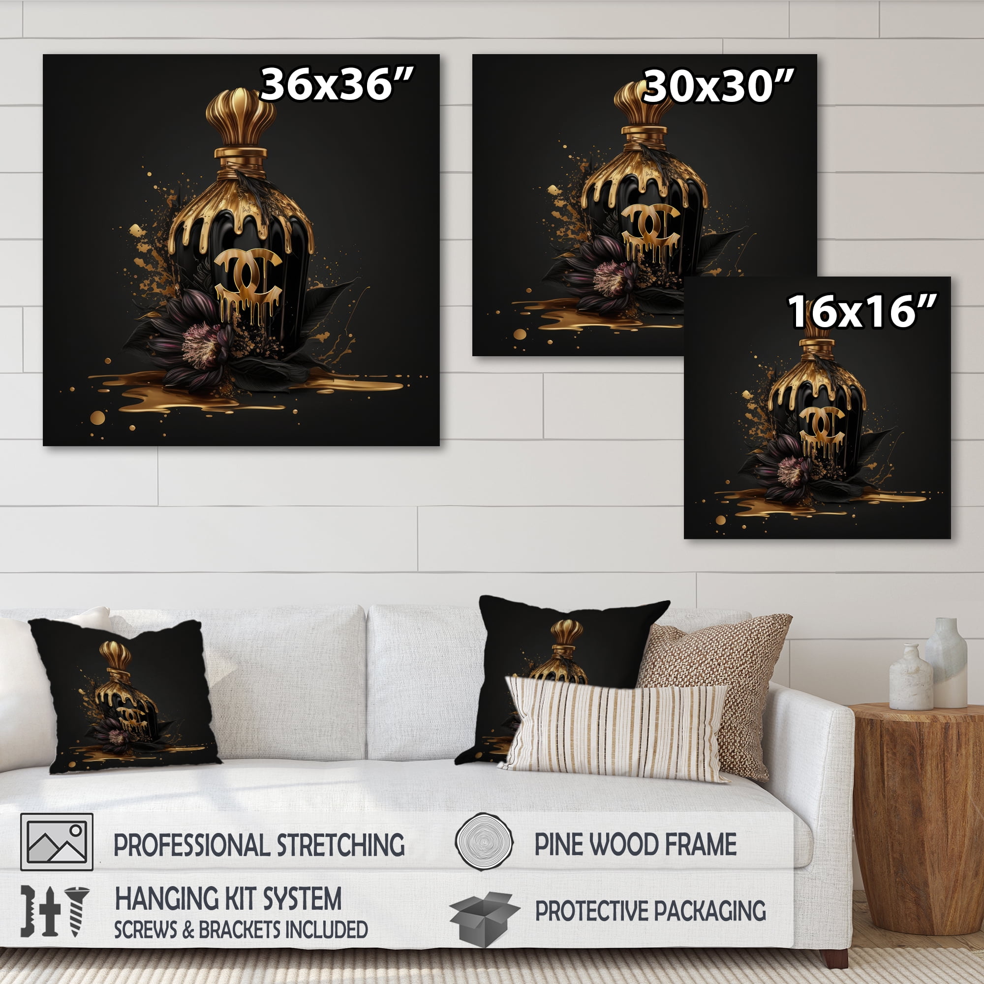 Designart Chic Black And Gold Perfume Bottle VIII Canvas Wall Art