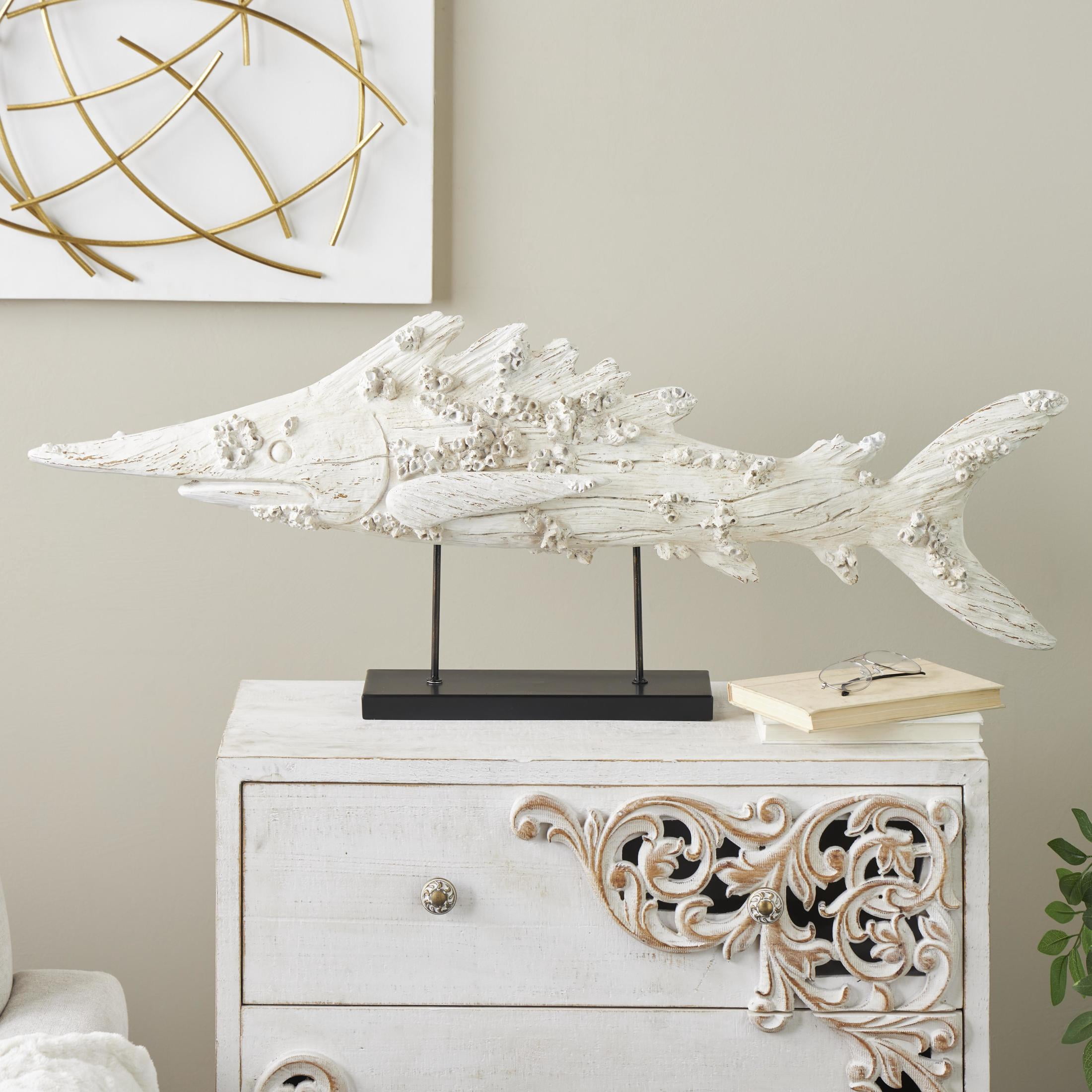 44" x 16" Cream Polystone Textured Fish Sculpture with Brown Distressing and Black Metal Stand, by DecMode
