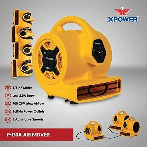 XPOWER P-130A 1/5 HP Multi-Purpose Mini Mighty Air Mover, Utility Fan, Dryer, Blower with Built-in Power Outlets