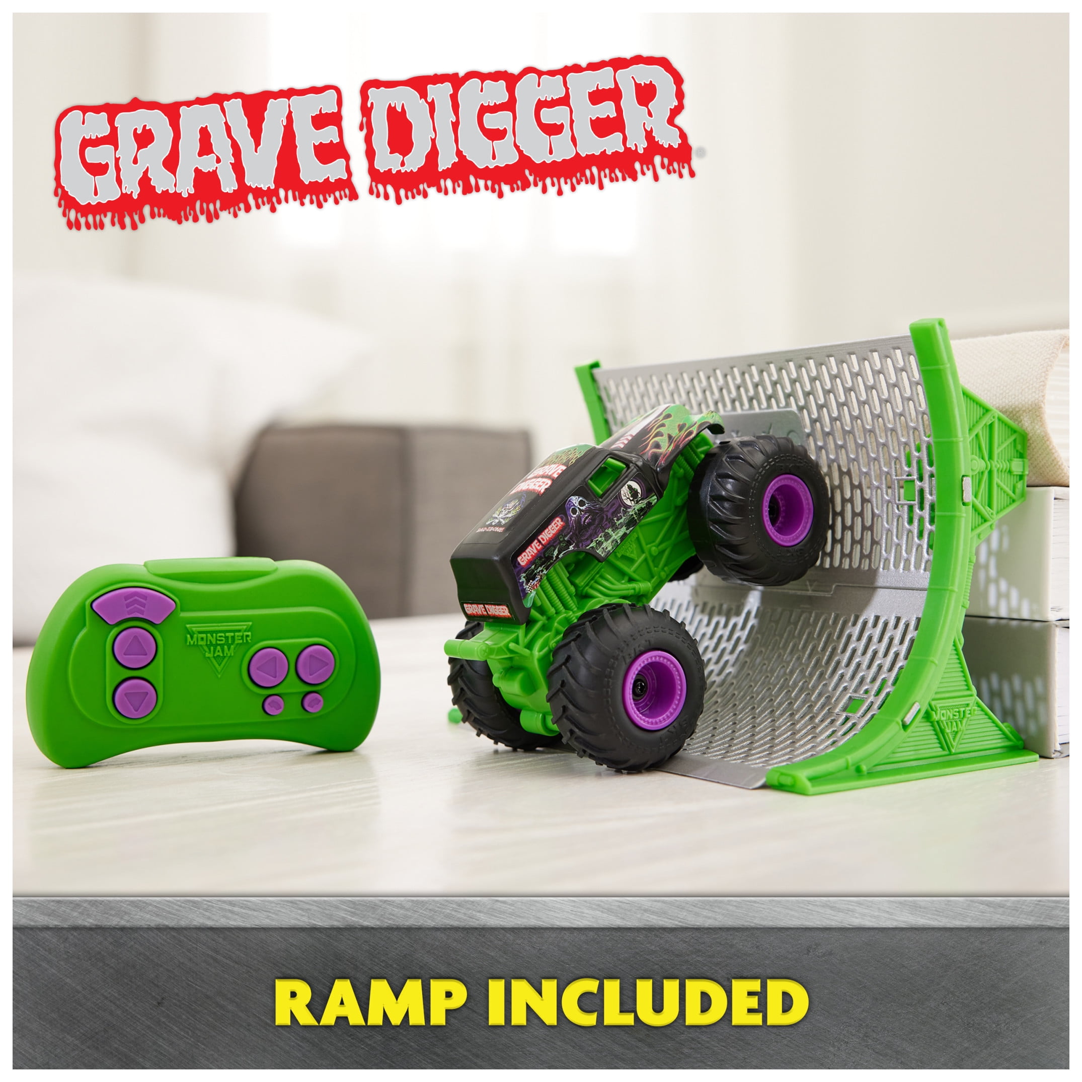Monster Jam, Official Grave Digger Remote Control Monster Truck with Ramp, Small 1:64 Scale RC Cars (图3)