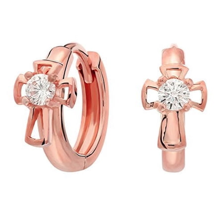 Tilo Jewelry .925 Sterling Silver Rose-Tone Cross Huggie Hoop Earrings with Solitaire Cubic Zirconia CZ for Women & Unisex