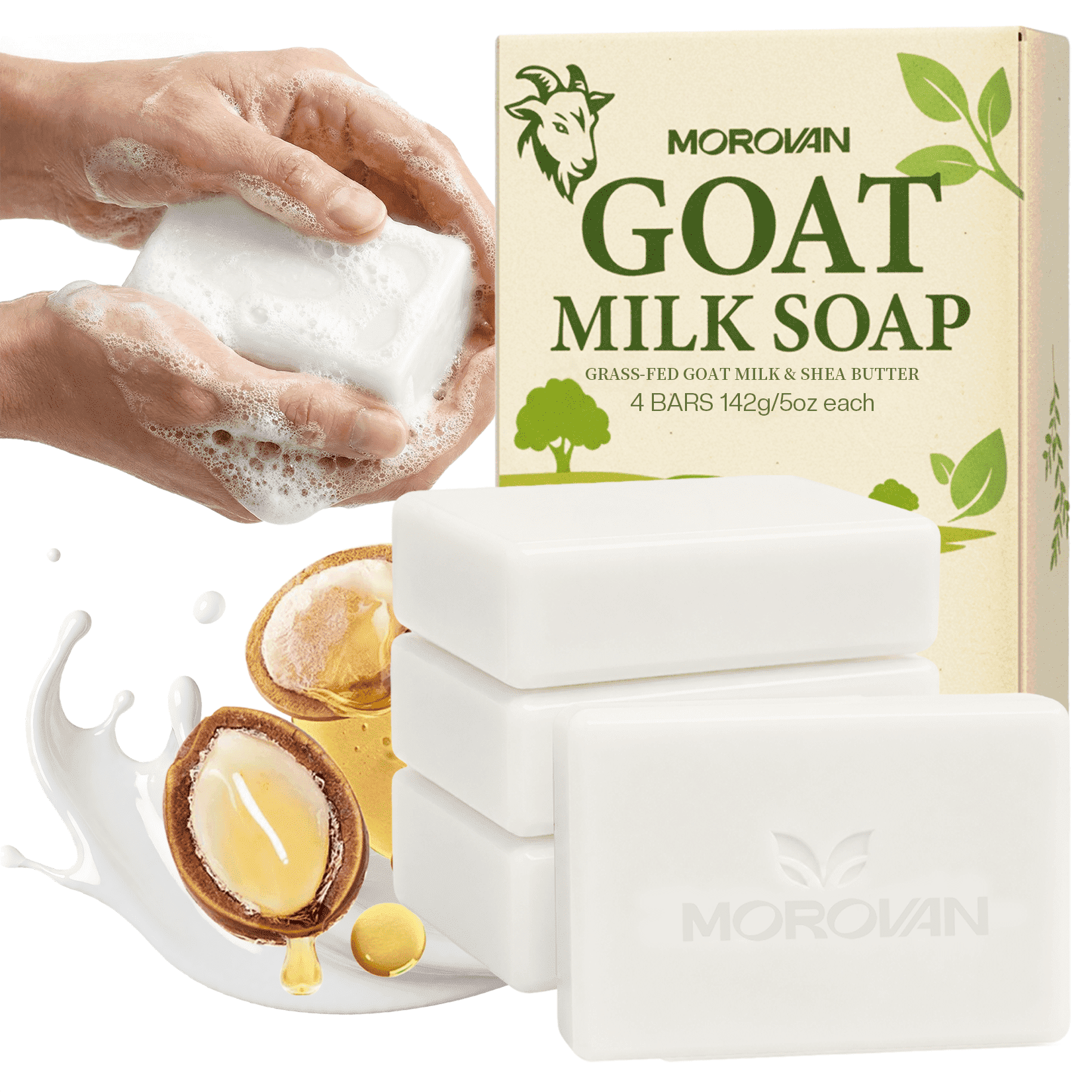 Morovan Goat Milk Soap Grass Fed Shea Butter Cleansing & Moisturizing for All Skin Types, 4 Bars (5 oz Each)