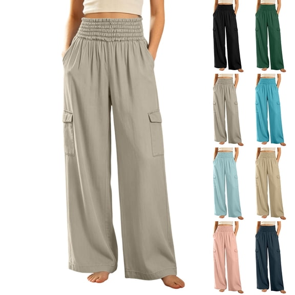 Horkkom Cargo Pants Women Solid Color High Waisted Wide Leg Pants Lightweight Casual Workout Hiking Pants with Pockets L