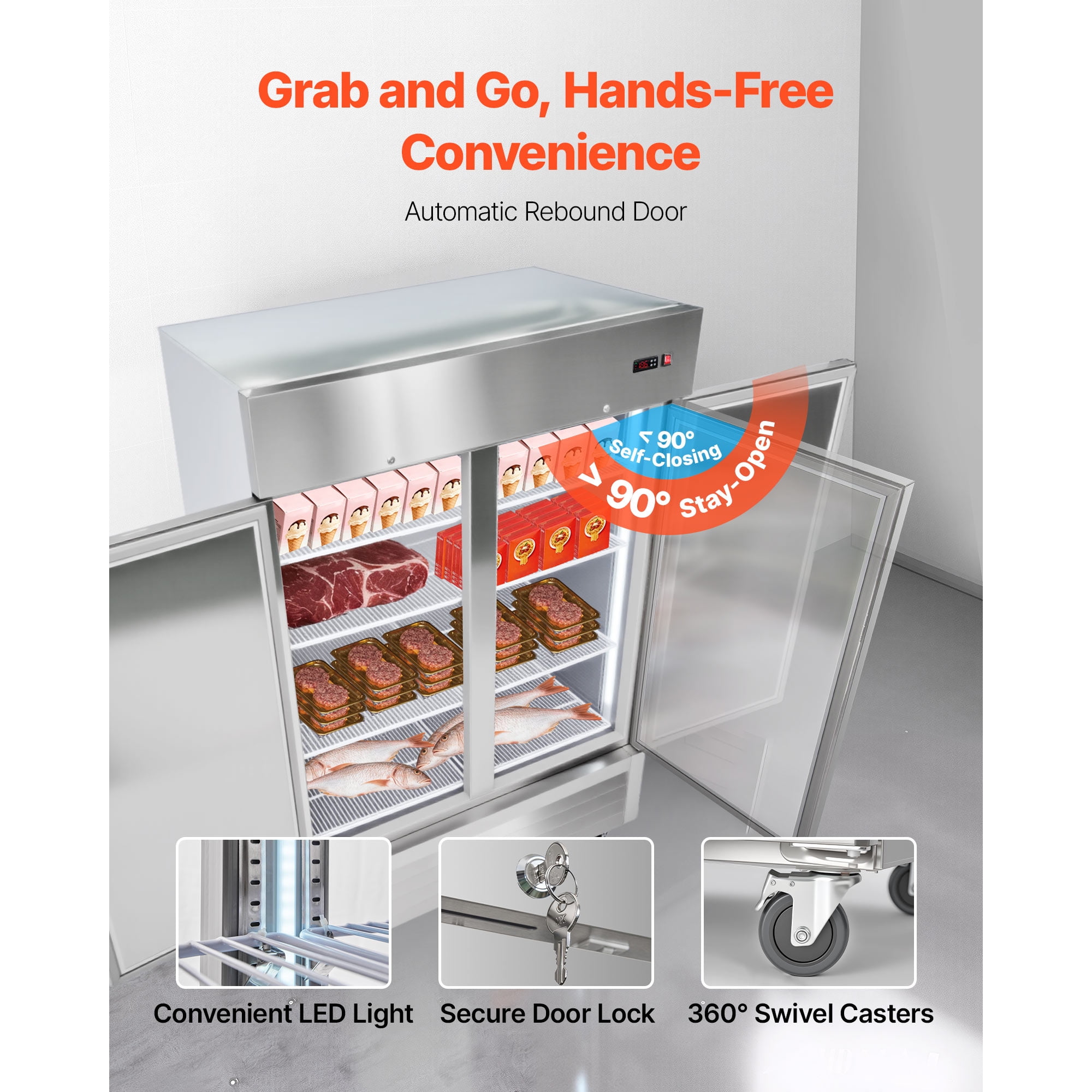 KFFKFF Commercial Stainless Steel Upright Freezer, 54" Wide, 44 Cu.Ft Capacity with Double Doors, Auto-Defrost, 8 Adjustable Shelves, -11 to 14℉ Temperature Range, ETL Certified