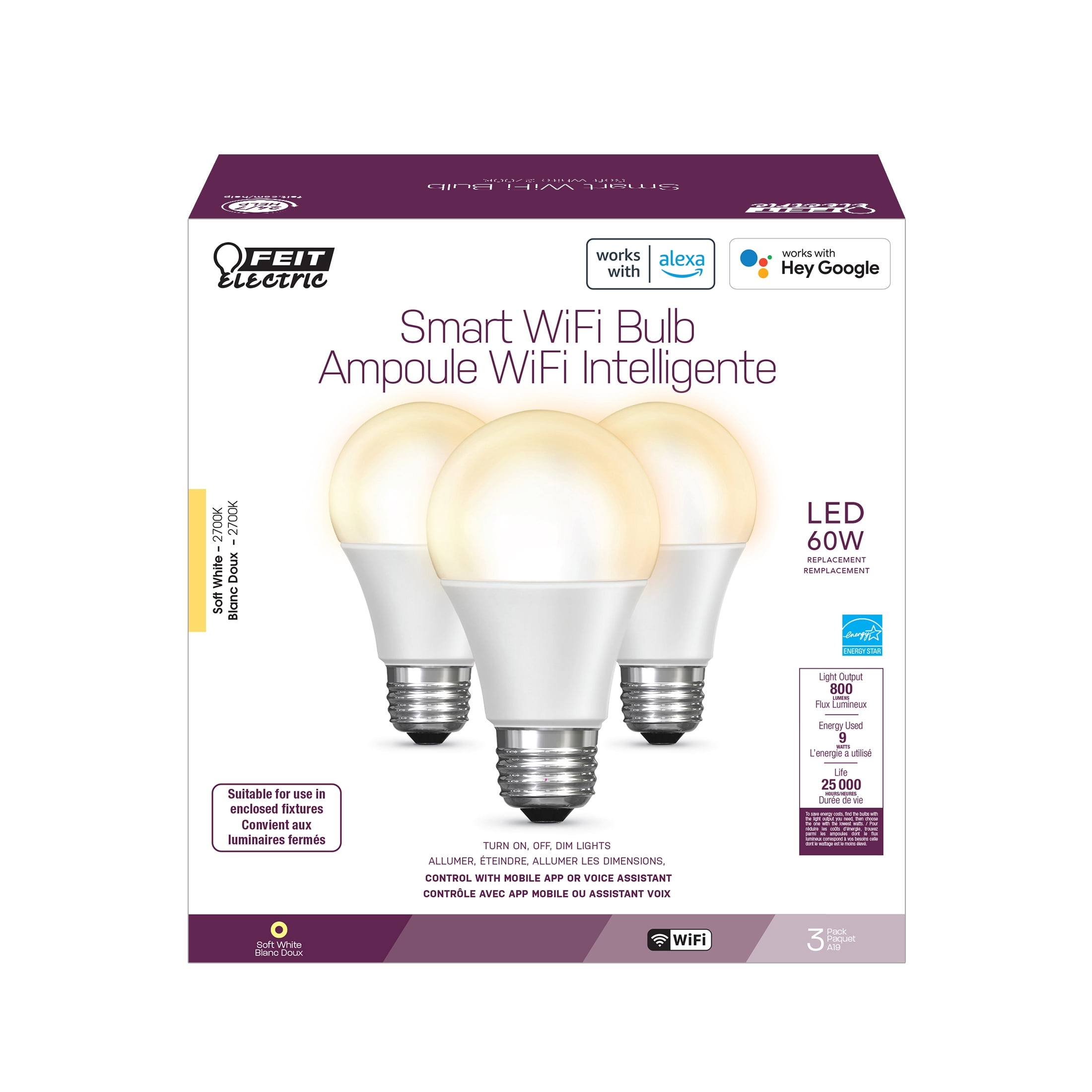 Feit Electric Smart LED 9 Watt (60W Equivalent) Soft White Light Bulbs, A19, E26, (Dimmable (3 Pack)