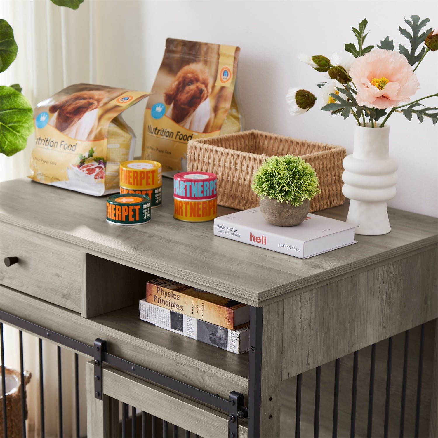 Pefilos 35" Wooden Dog Kennel End Table with Drawers and Sliding Door Dog Crate, Furniture Style Dog Crate, Gray Pefilos 35" Wooden Dog Kennel End Table with Drawers and Sliding Door Dog Crate, Furniture Style Dog Crate, Gray