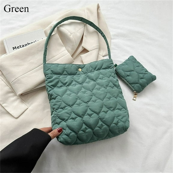 Fashion Down Cotton Padded Large Capacity Solid Color Shopping Bags Shoulder Bags Tote Bags Handbags GREEN