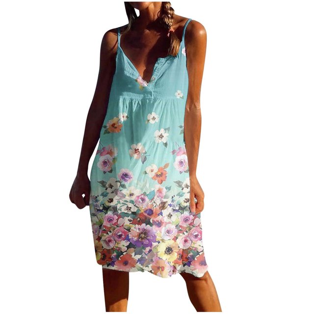 Pompotops Robe d'Été Décontractée à Manches Courtes Imprimée Boho Col en V avec Ceinture pour Femmes