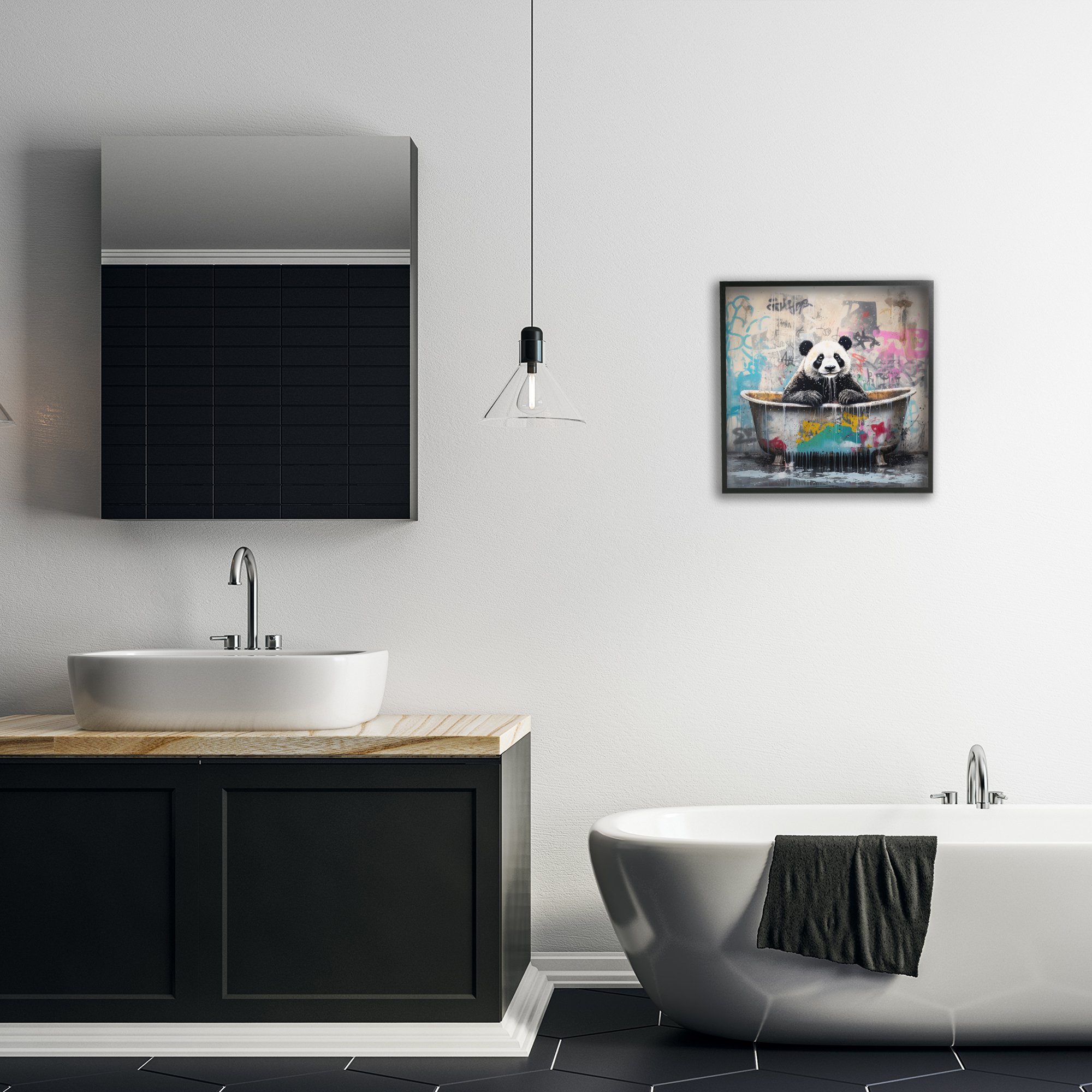 Stupell Industries Graffiti Bathing Panda Typography Painting Black Framed Art Print Wall Art, 17 x 17