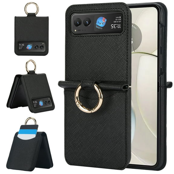 for Motorola Razr 40 Case, Classic Premium PU Leather Flip Case with Card Holder Shockproof Drop Protective Ring Holder Phone Case Cover for Motorola Razr 40, Black